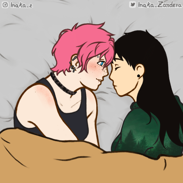 A pink-haired girl and a dark-haired girl in bed