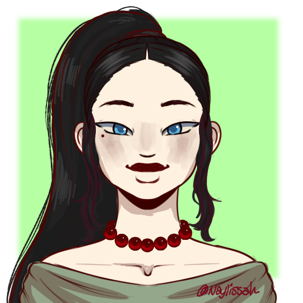 An illustration of an asian woman with black hair in a ponytail and a green robe